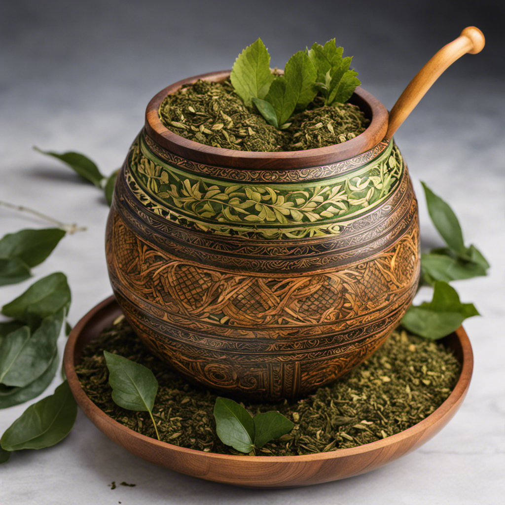 An image of a traditional yerba mate gourd filled to the brim with vibrant, aromatic mate leaves, surrounded by a scale balancing cups of mate, showcasing the perfect ratio of cups to a pound of yerba mate