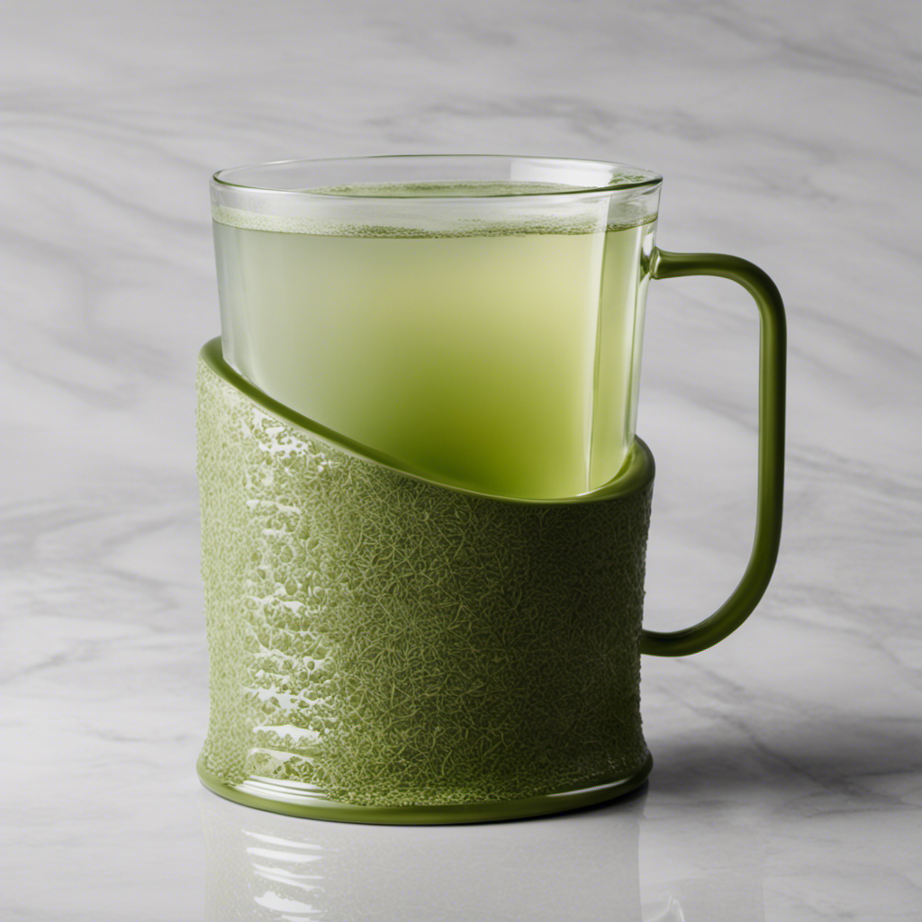 An image that showcases a light green ceramic cup filled with precisely measured loose leaf yerba mate, gently cascading into an 8 oz glass of clear water, capturing the perfect balance of flavors and proportions