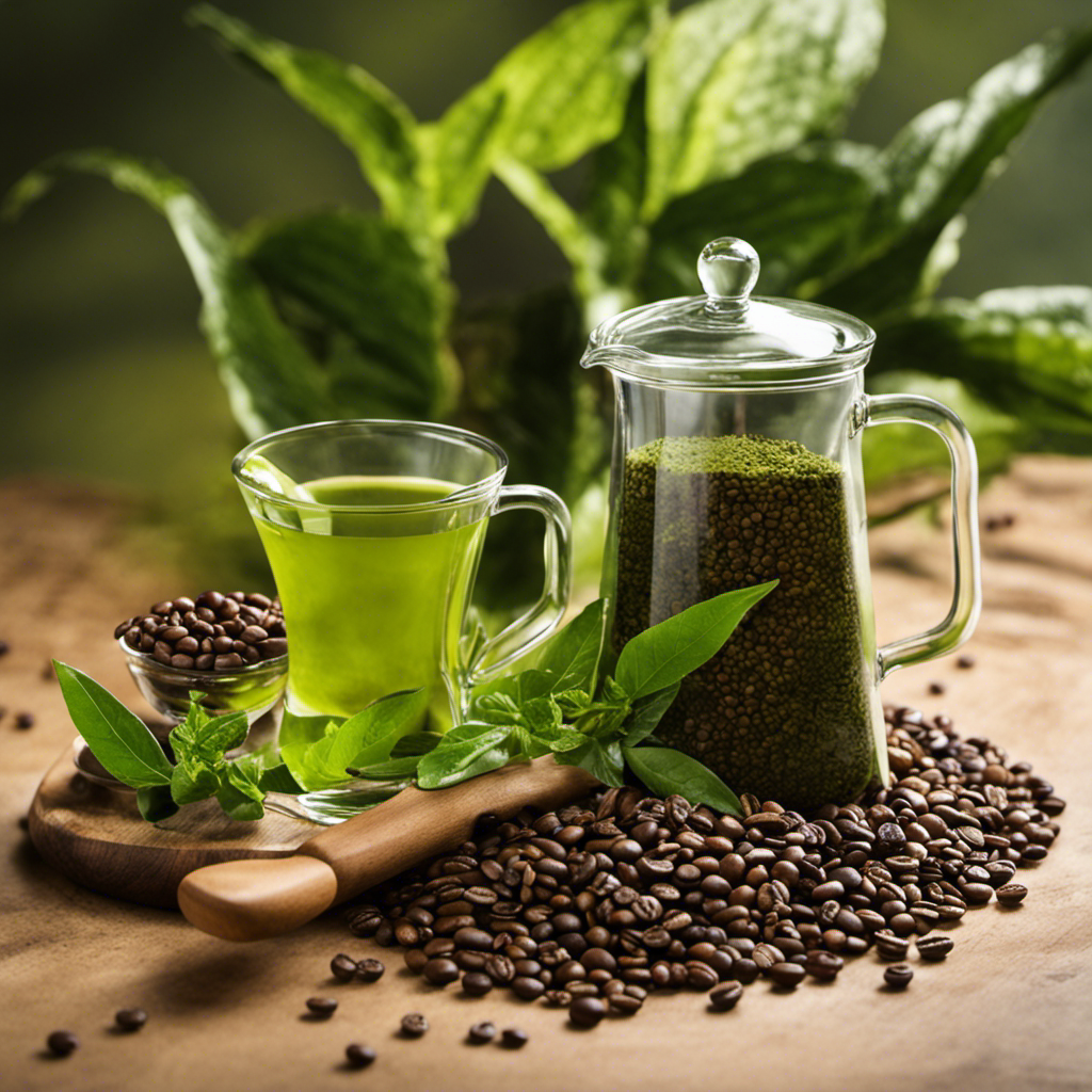 An image showing a simple glass filled with vibrant green yerba mate tea, surrounded by a collection of precisely measured coffee beans, representing the precise grams of caffeine contained in a cup of yerba mate