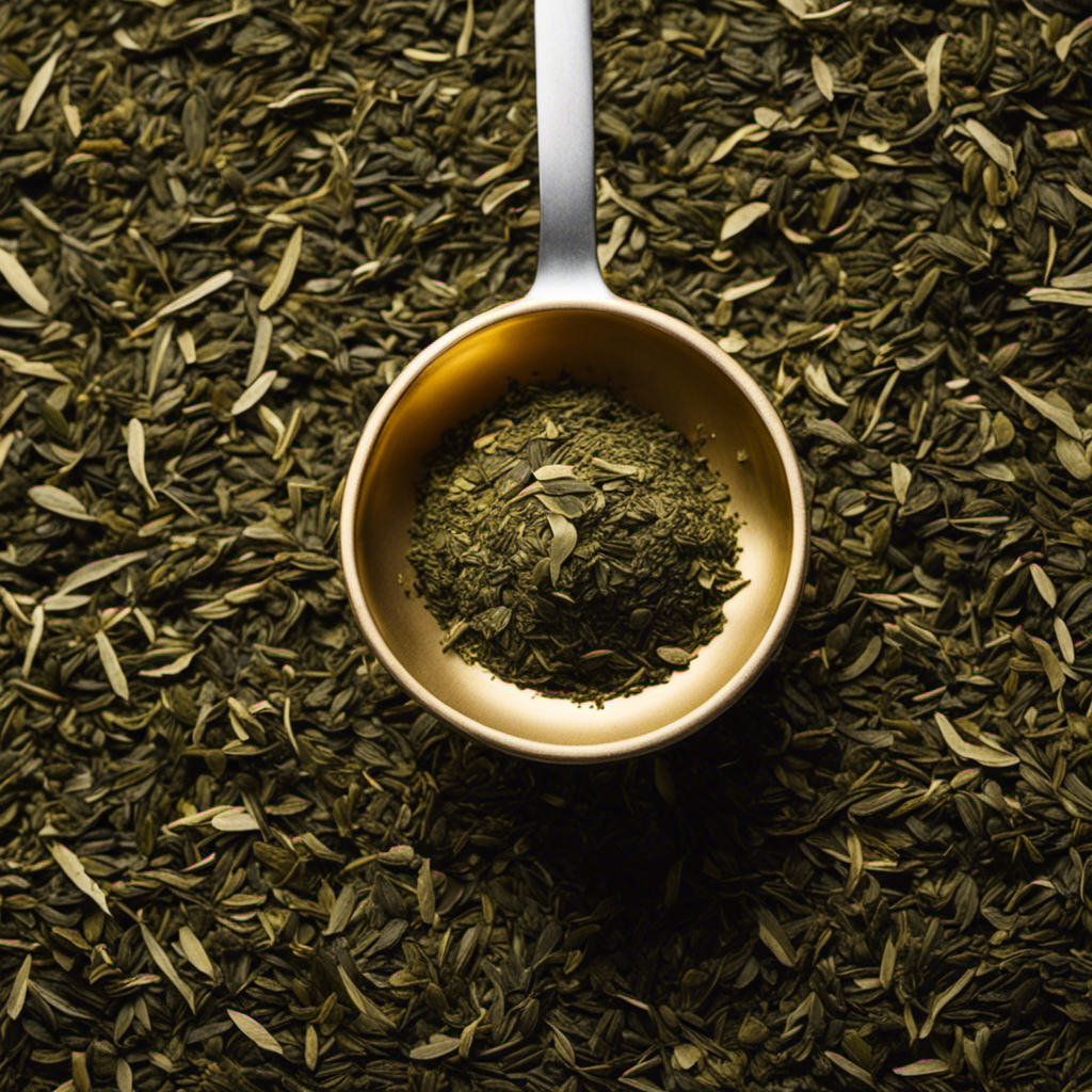 An image showcasing a close-up of a tablespoon filled with loose leaf yerba mate tea, with the precise amount of grams meticulously measured, providing a visual guide for readers curious about the quantity