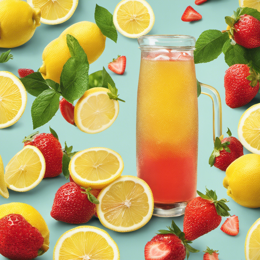 An image showcasing a glass of refreshing Kombucha tea, brimming with effervescence and adorned with vibrant lemon and strawberry slices, exuding a healthy aura while subtly hinting at its sugar content