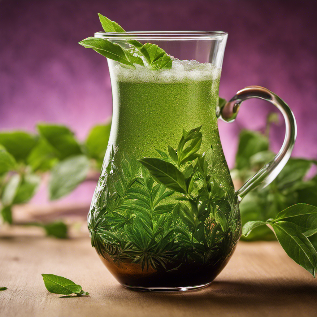 An image showcasing a glass of freshly brewed yerba mate, with vibrant green leaves steeping in hot water, while delicate sugar crystals gently dissolve into the invigorating beverage