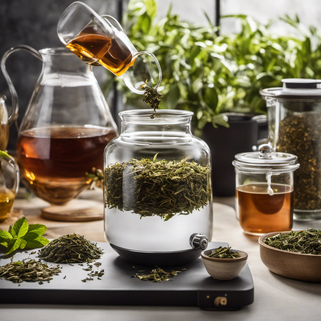 An image featuring a glass jar filled with loose tea leaves, a digital scale displaying precise measurements in grams, and a hand gracefully pouring the tea into a brewing vessel for kombucha