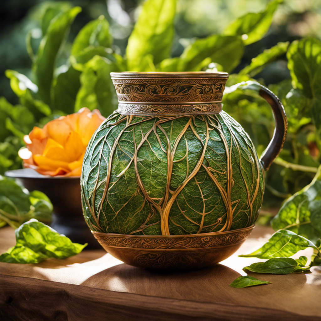 An image showcasing a traditional yerba mate gourd filled with vibrant, loose yerba mate leaves