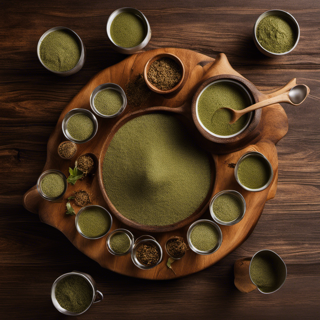 An image showcasing a wooden table with 500g of Yerba Mate spread out, surrounded by several empty mate cups of different sizes, revealing the quantity of mate cups attainable from that amount