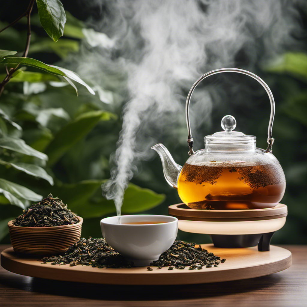 An image showcasing a steaming cup of oolong tea with a digital counter displaying the exact milligrams of caffeine, surrounded by tea leaves and a teapot in the background