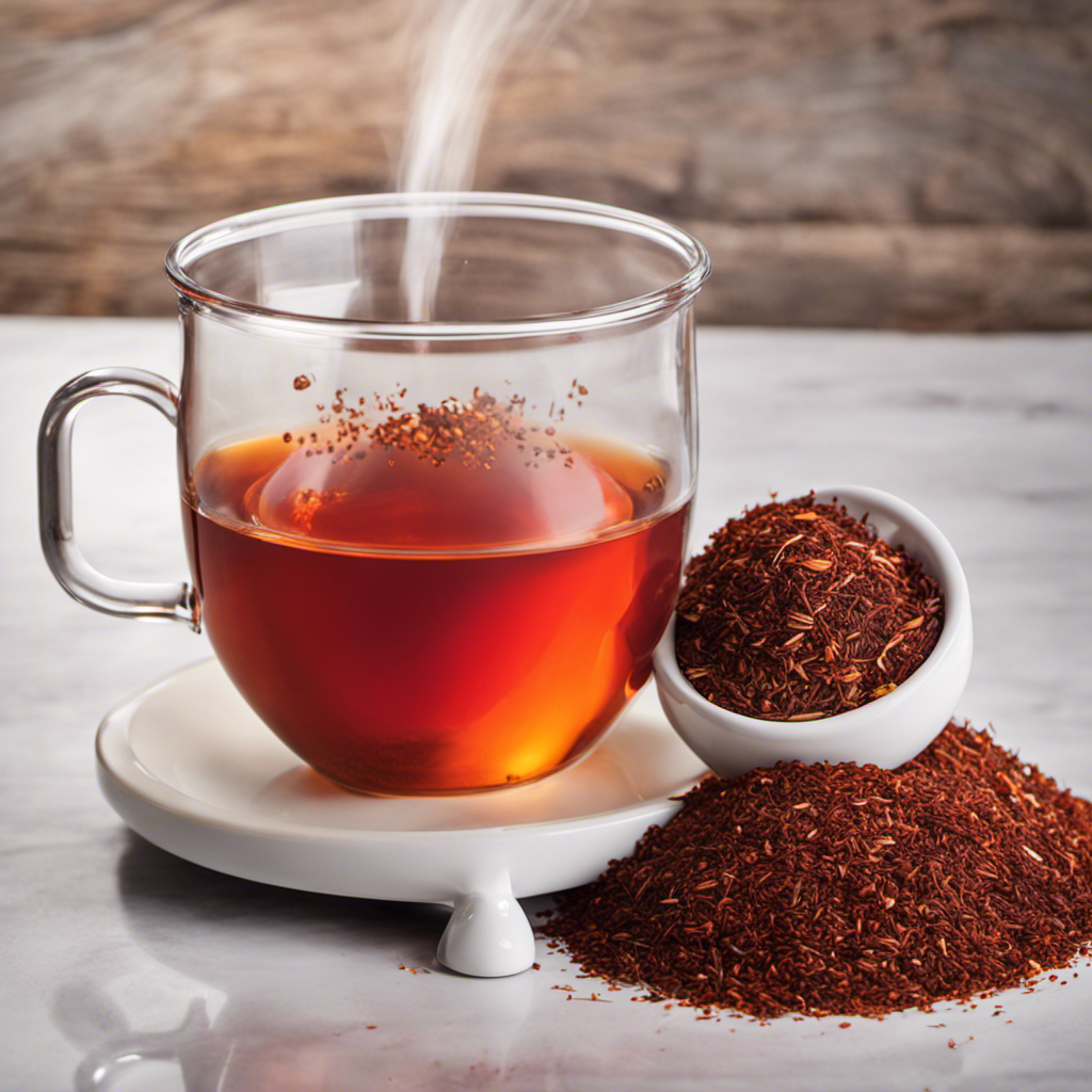 An image showcasing a steaming cup of vibrant red Rooibos tea, placed next to a precise measuring scale