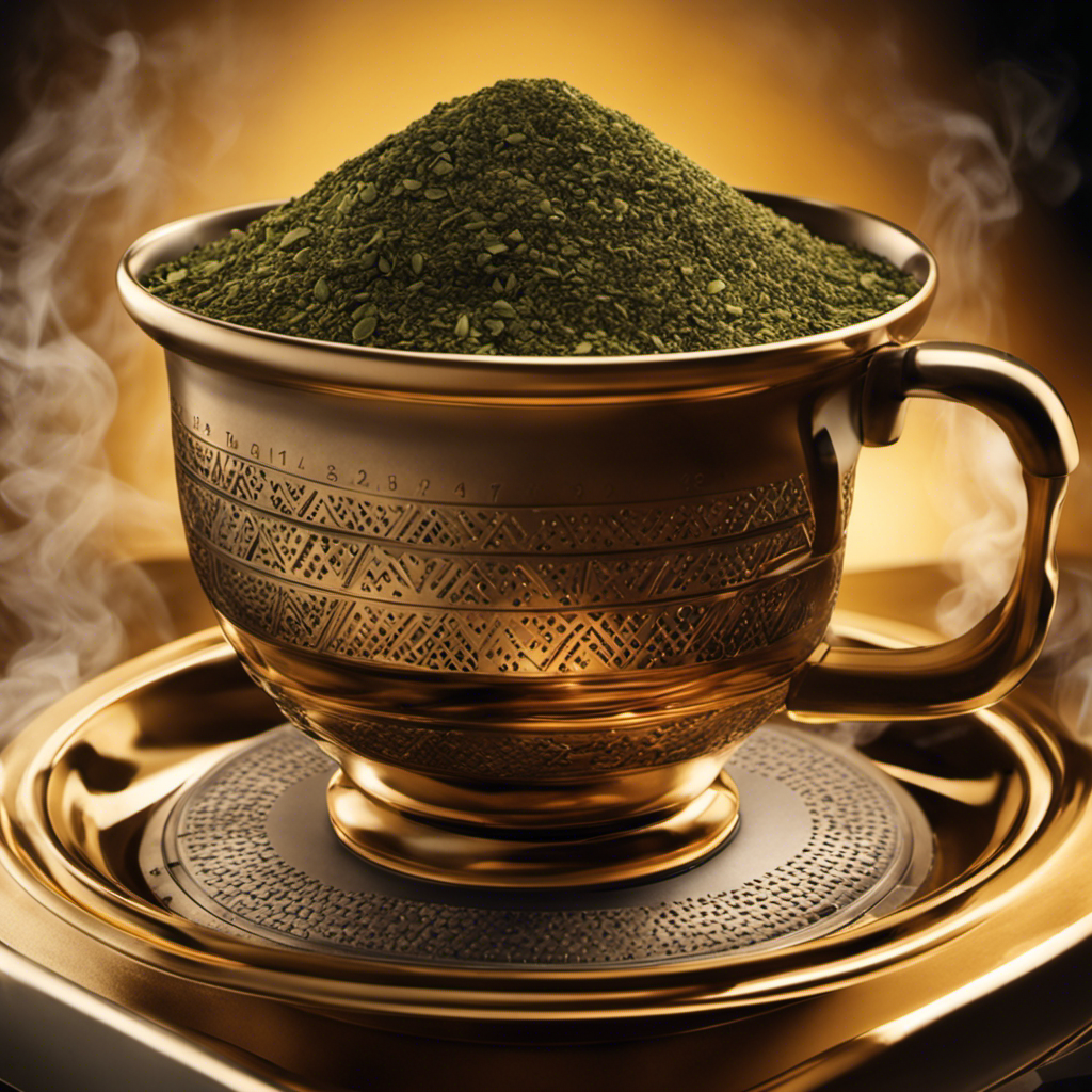 An image depicting a close-up view of a steaming cup of yerba mate, with a digital display hovering above it, showing the precise measurement of caffeine content in milligrams