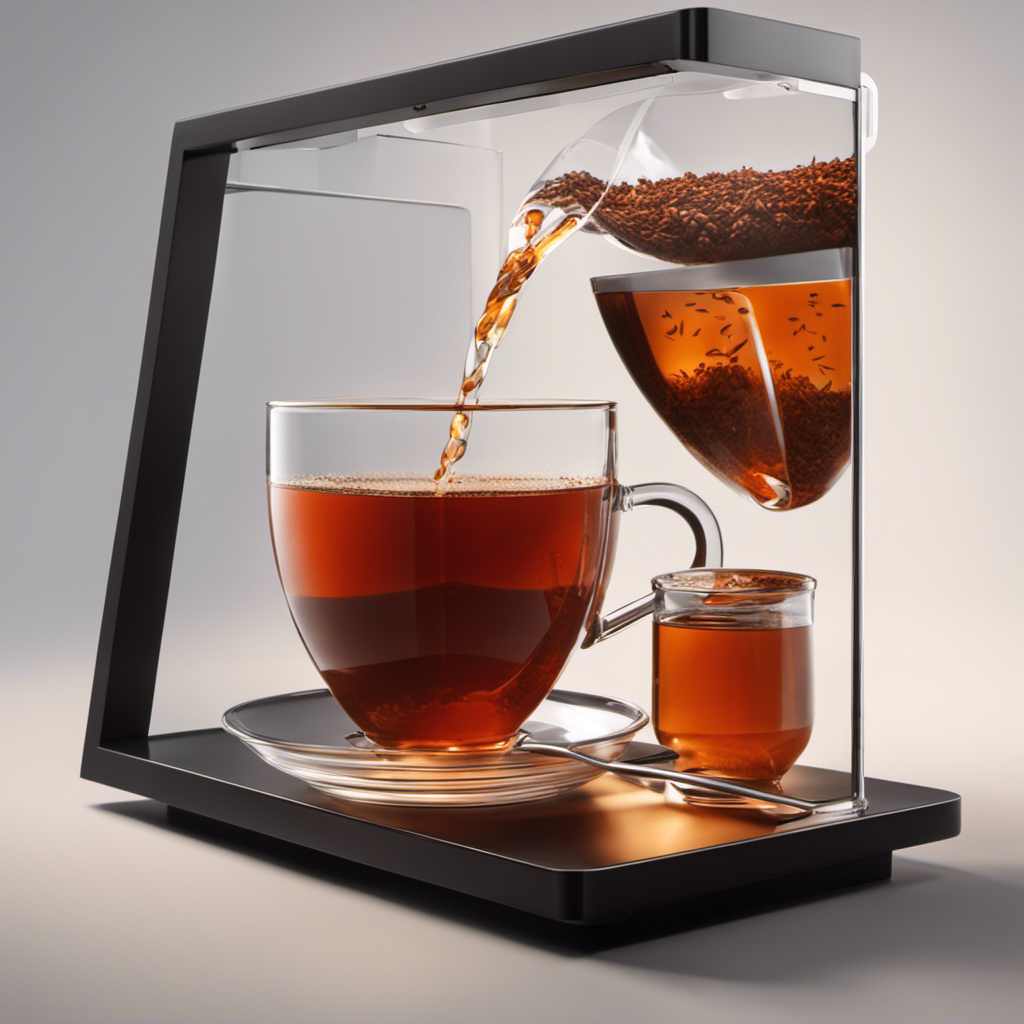 An image showcasing a steaming cup of rooibos tea being poured into a glass container, next to a digital display showing the precise milligrams of caffeine present