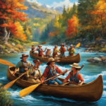 An image capturing the essence of a crowded canoe adventure, showcasing a vibrant river scene with a narrow canoe filled to the brim with laughing and animated individuals, their arms waving in excitement