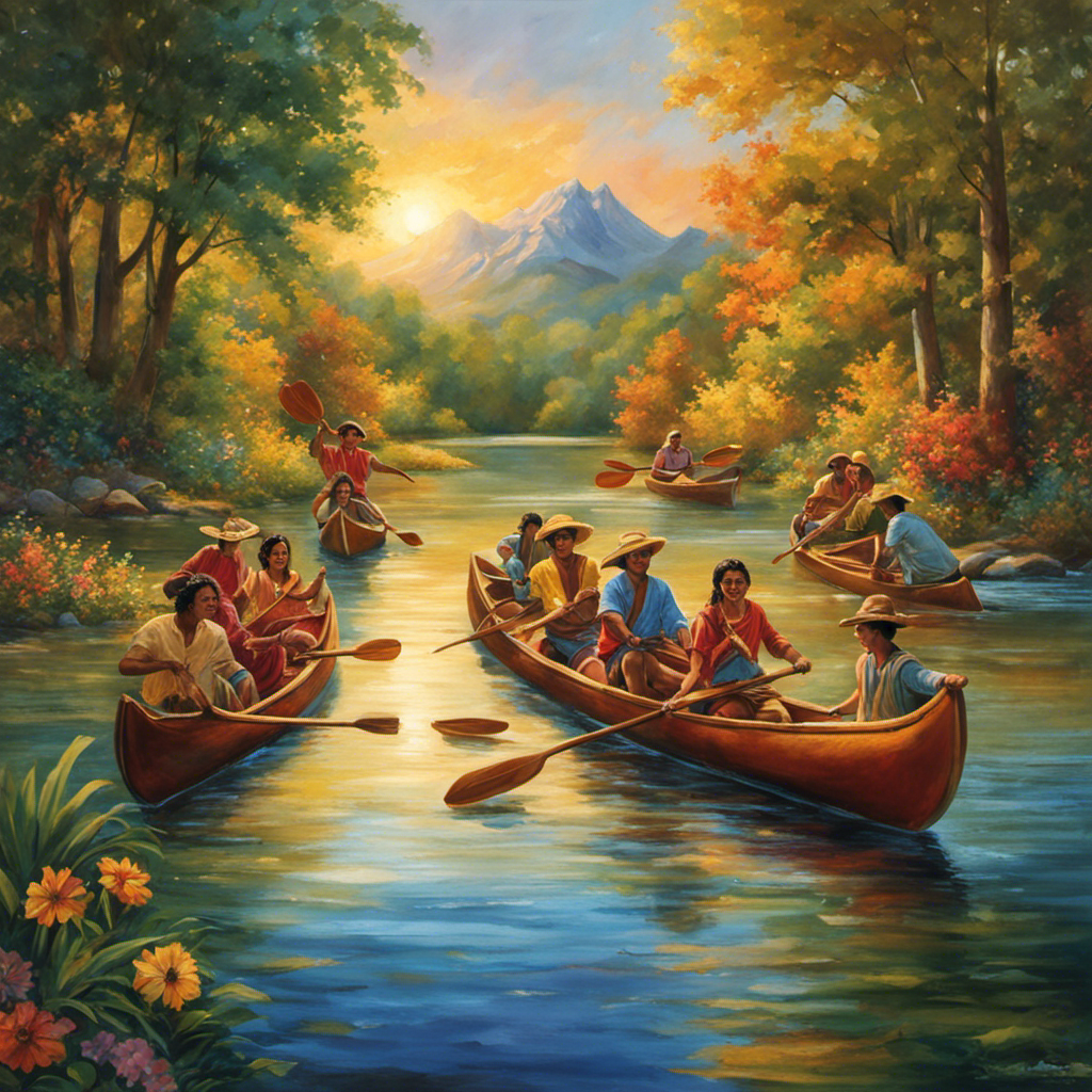 An image showcasing a vibrant, sun-kissed river setting, with a sturdy canoe floating gracefully