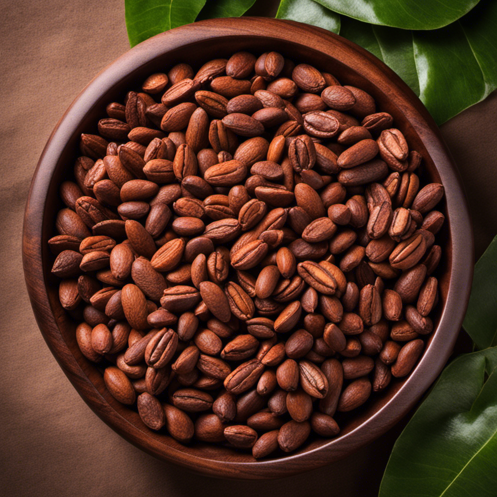 An image showcasing a wooden bowl filled with precisely 25 raw organic cacao beans, exuding a rich aroma