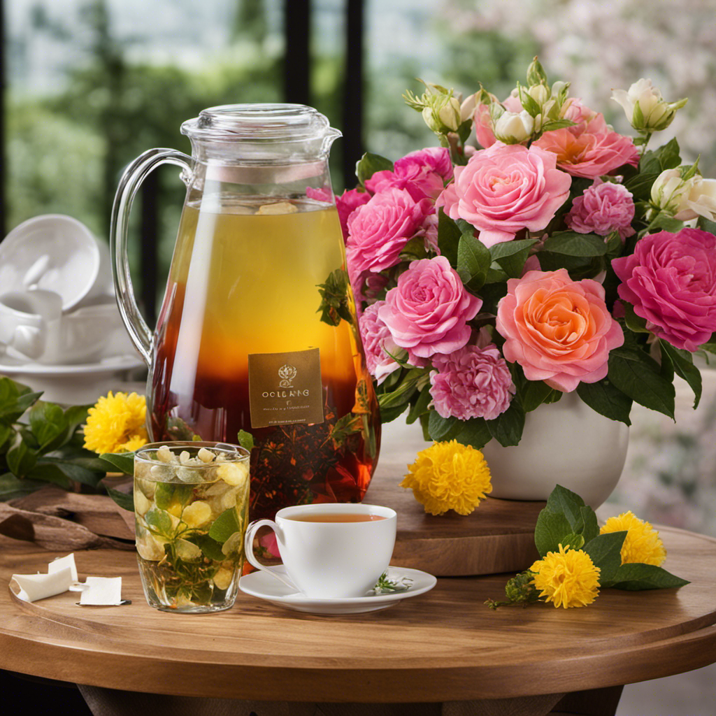 An image showcasing a half-gallon pitcher filled with icy Oolong tea, surrounded by a neat arrangement of single cup Oolong tea bags