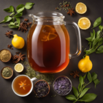 An image that showcases a glass pitcher filled with one gallon of homemade kombucha, surrounded by an assortment of loose tea leaves in varying colors and textures, illustrating the perfect ratio of tablespoons needed for a flavorful brew