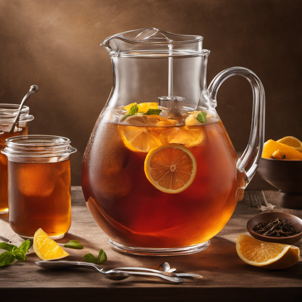 An image depicting a glass pitcher filled with cold, amber-colored kombucha, surrounded by precise measuring spoons
