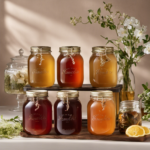 An image showcasing a glass gallon jar filled with freshly brewed kombucha, accompanied by a neat arrangement of precisely 8 tea bags and 1 cup of sugar, highlighting the perfect ingredients for the batch