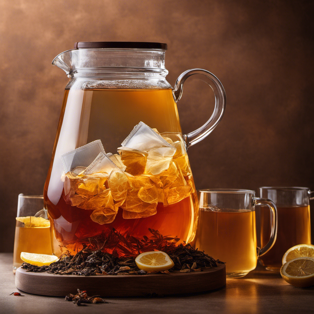 An image showcasing a glass pitcher filled with 2 gallons of refreshing, amber-hued kombucha