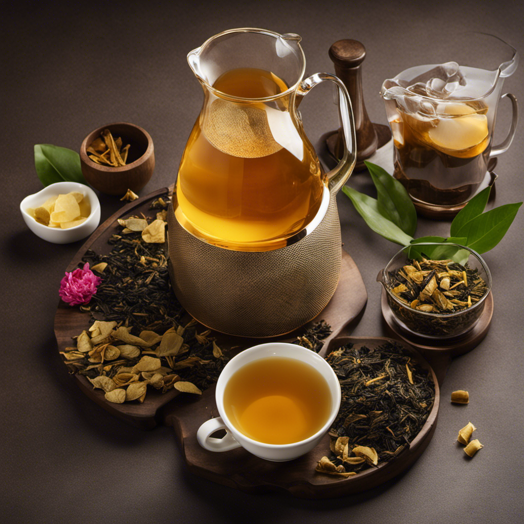 An image showcasing a glass pitcher filled with 2 liters of refreshing golden Oolong tea, accompanied by an assortment of tea bags in varying flavors and quantities, inviting readers to guess the ideal tea bag count