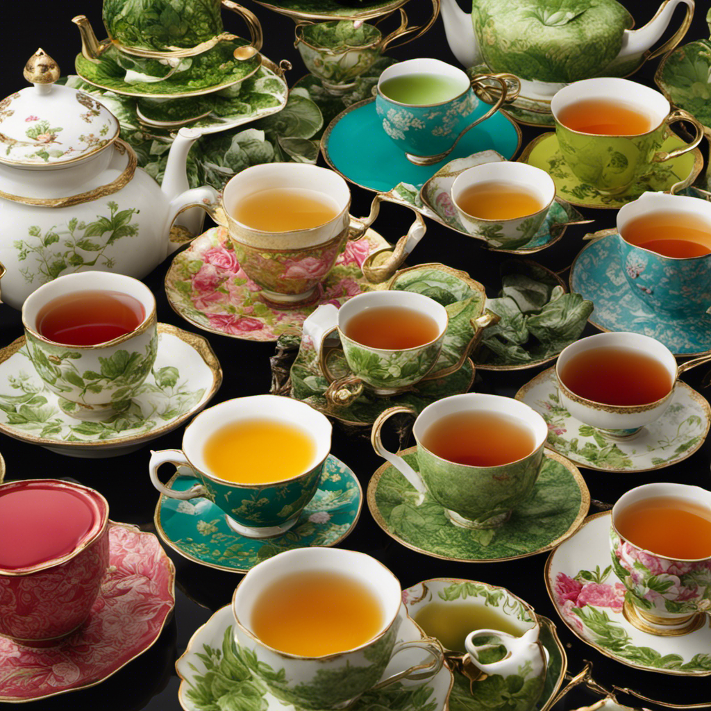 An image that showcases a table filled with various teacups, each filled with increasing amounts of vibrant green tea, illustrating the gradual progression from moderation to excessive consumption