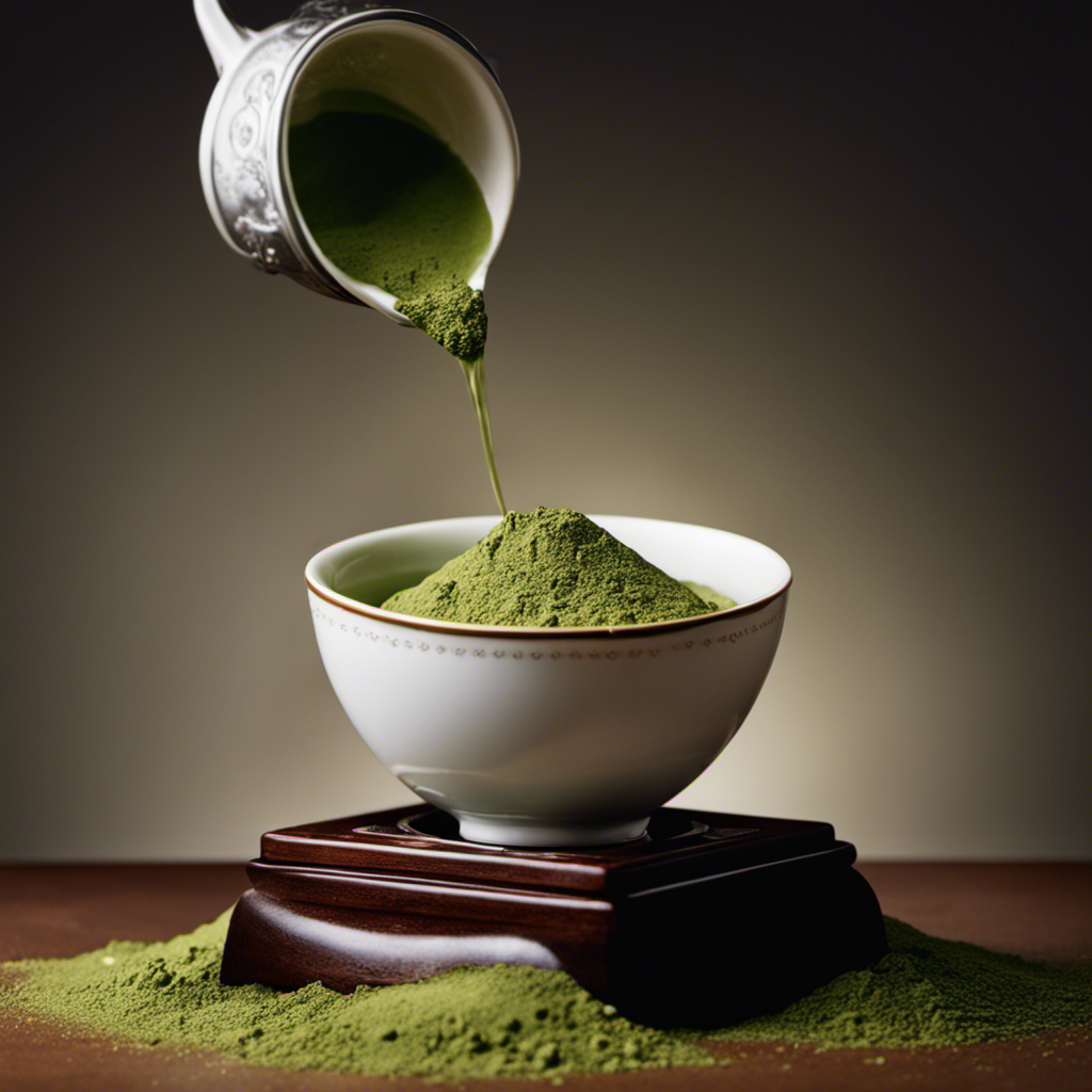 An image showcasing a cup filled with green tea powder, gradually overflowing onto a scale