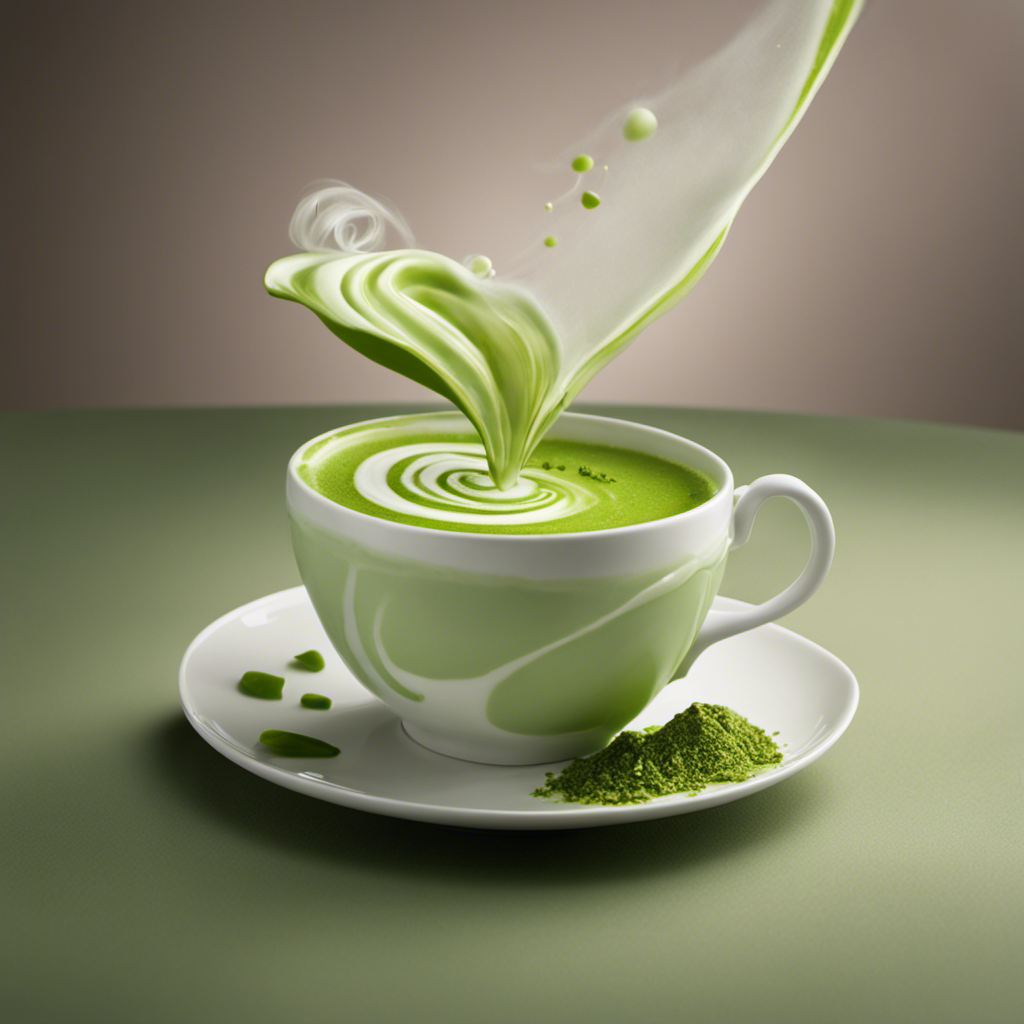 An image showcasing a vibrant green matcha latte overflowing from a delicate teacup onto a saucer