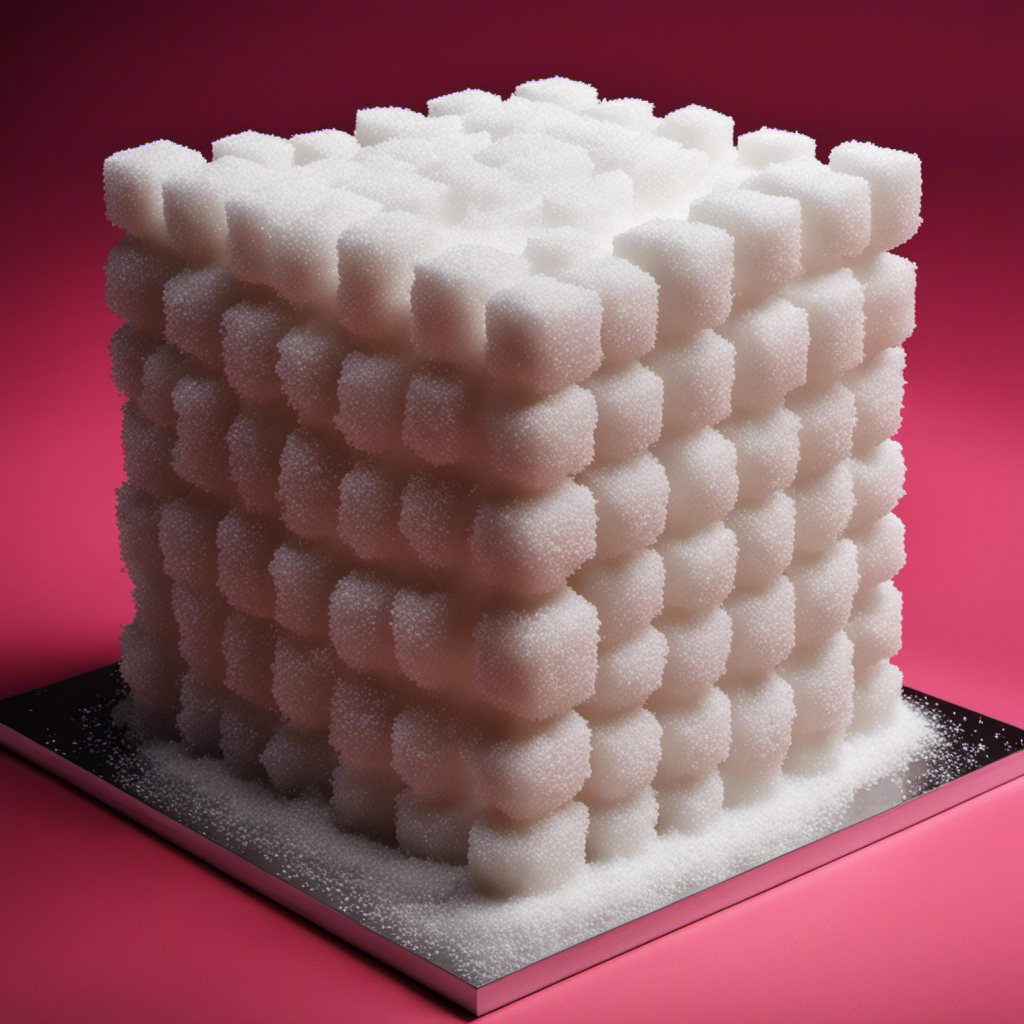 An image capturing a close-up of a towering sugar cube structure, dramatically collapsing under the weight of countless tiny teaspoons, visually conveying the concept of excessive sugar consumption
