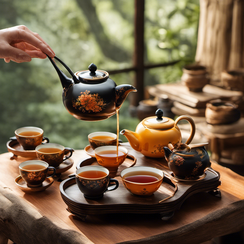 An image showcasing a serene scene with a wooden table adorned with a vibrant teapot pouring steaming Oolong tea into delicate cups, capturing the essence of a relaxing tea ritual