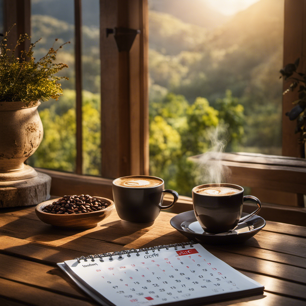 An image showing a serene morning scene with a wooden table adorned with freshly brewed coffee, a calendar, and a cup