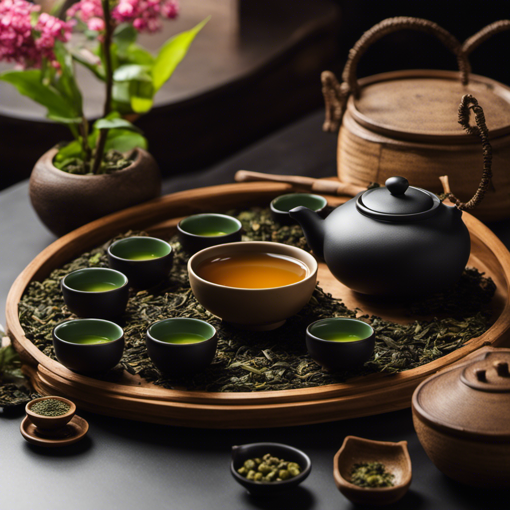 An image showcasing a serene tea ceremony scene with a traditional Chinese teapot, delicate porcelain cups, and multiple steepings of vibrant Ginseng Oolong tea leaves, depicting the gradual infusion process without any words