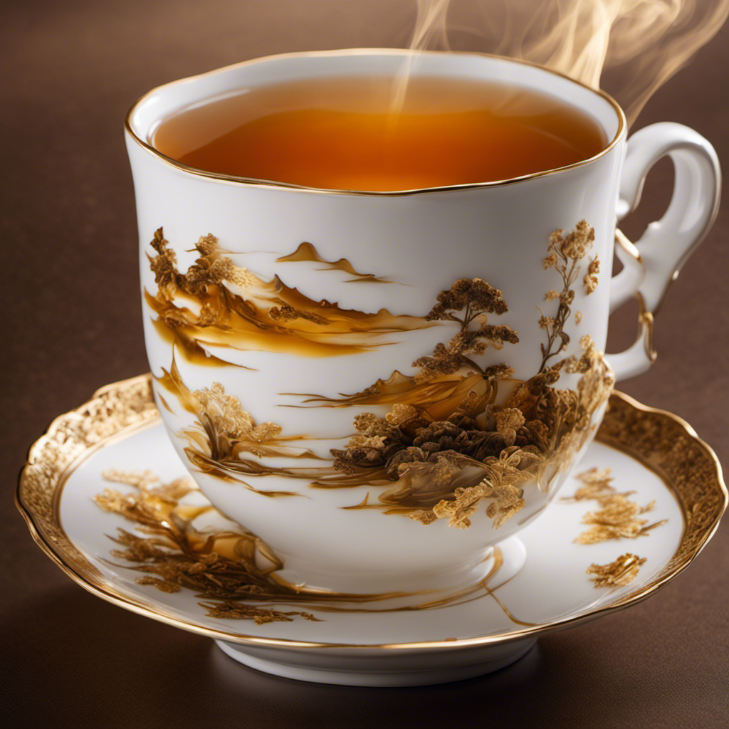 An image capturing a delicate porcelain teacup filled with vibrant amber-hued oolong tea