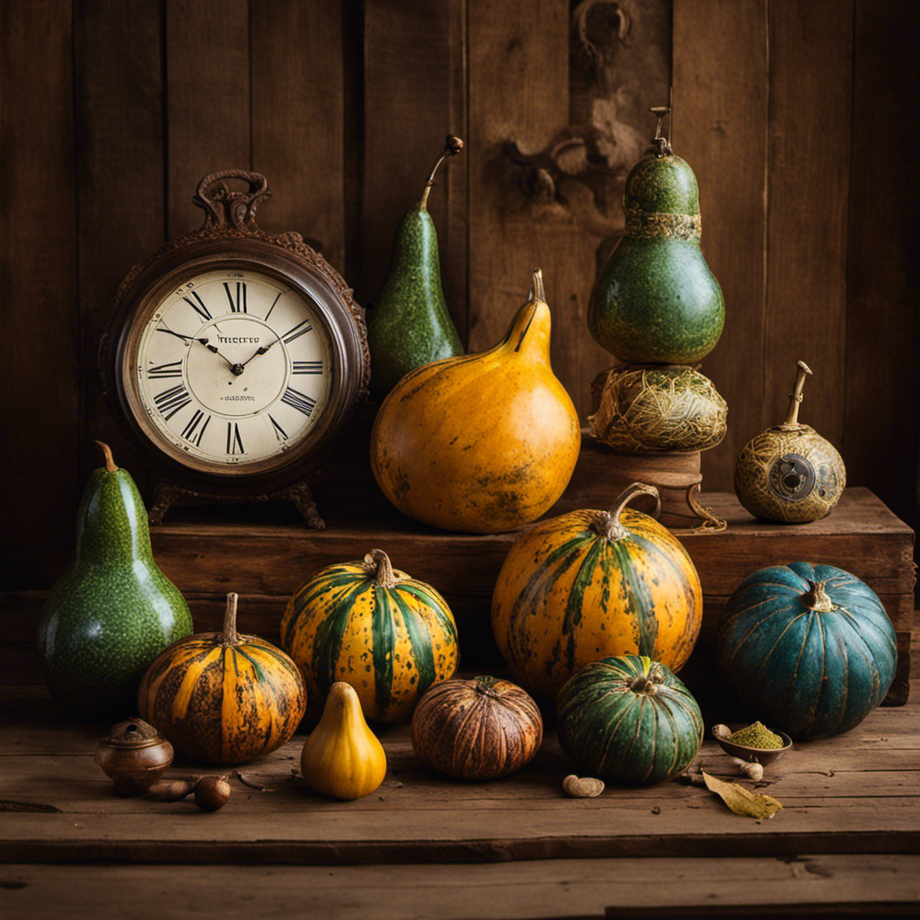 An image depicting a selection of colorful yerba mate gourds and bombillas arranged neatly on a rustic wooden table, accompanied by a vintage-inspired clock displaying various hours throughout the day