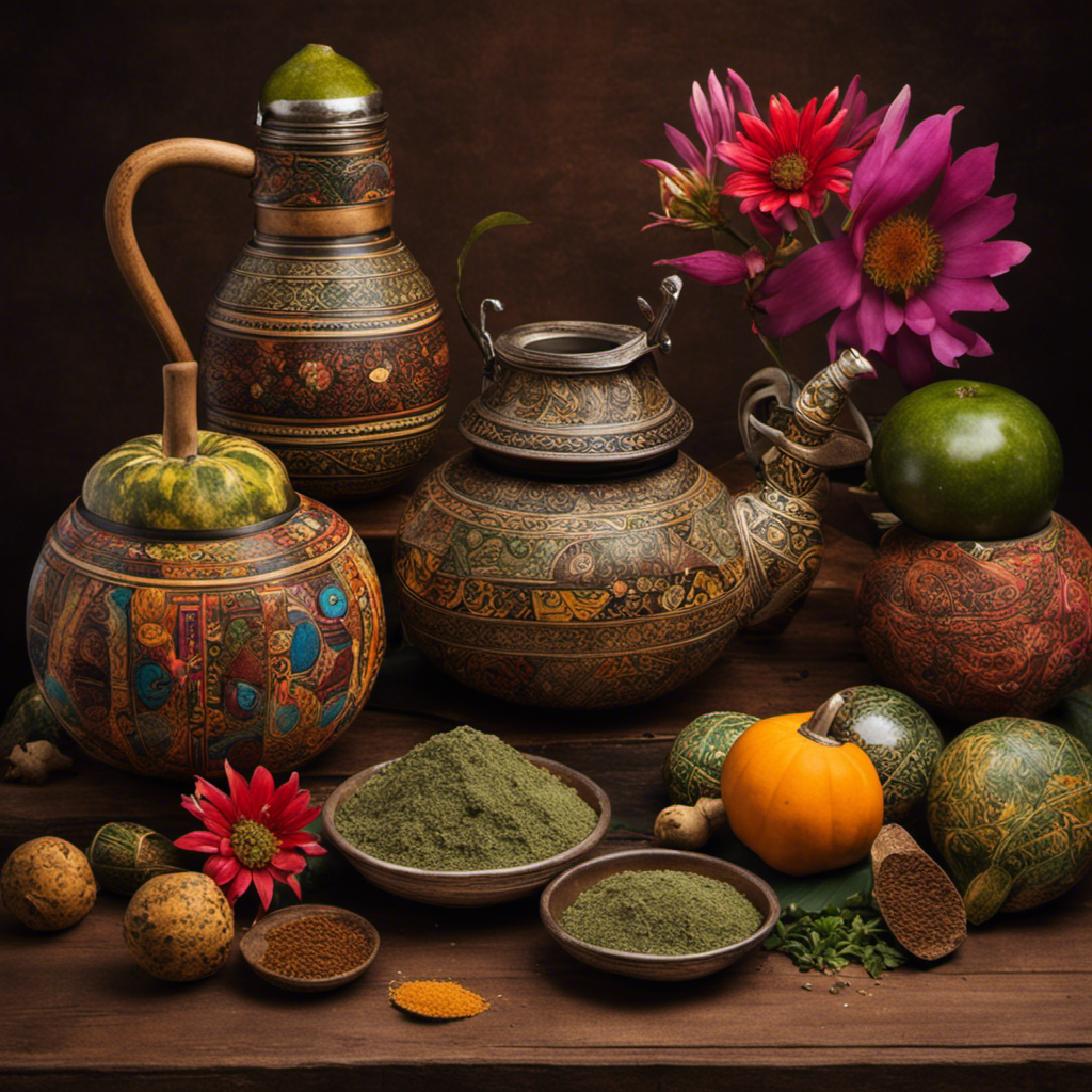 An image featuring a rustic wooden table adorned with a vibrant, patterned mate gourd, surrounded by a variety of used yerba mate packets, a kettle, and multiple worn-out bombillas, showcasing the journey of brewing yerba mate multiple times
