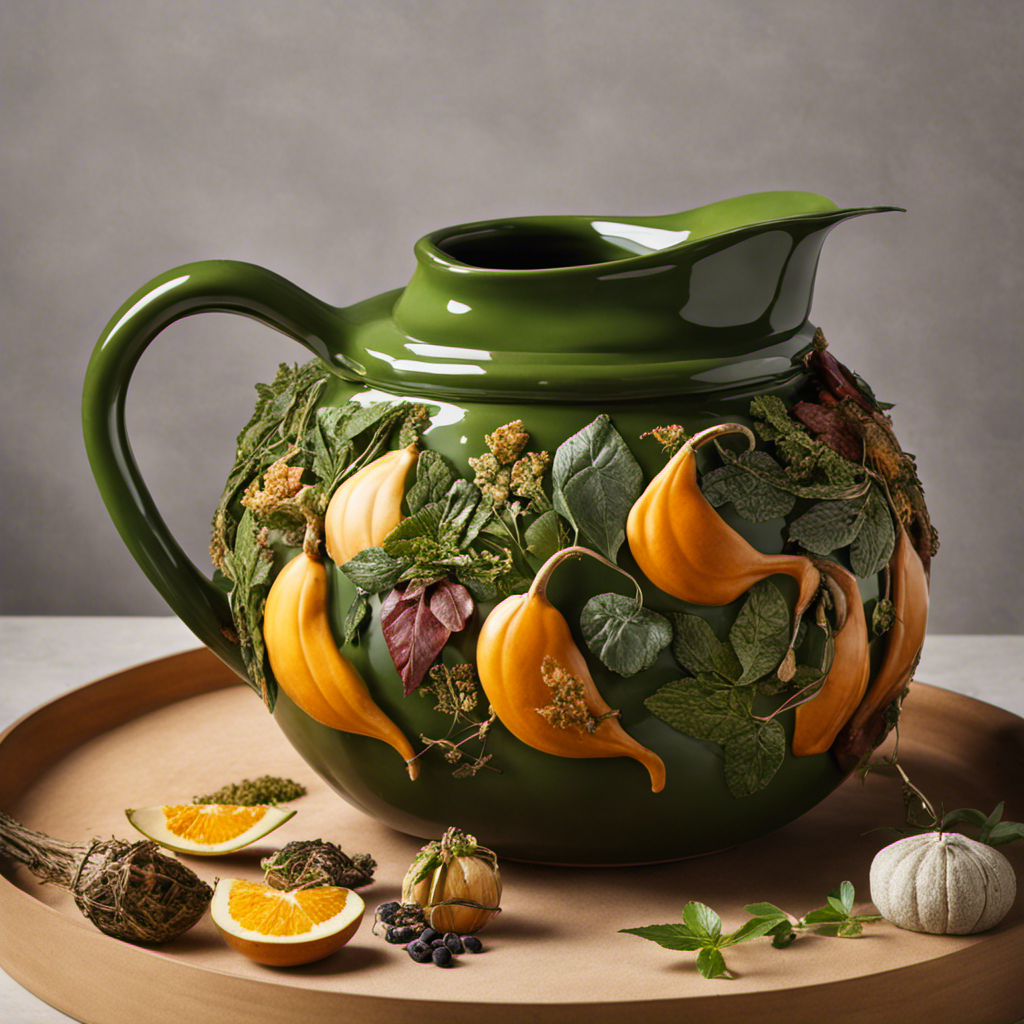 An image showcasing a ceramic gourd filled with vibrant green yerba mate leaves, surrounded by a variety of steeped mate infusions in different stages, from pale golden to deep amber
