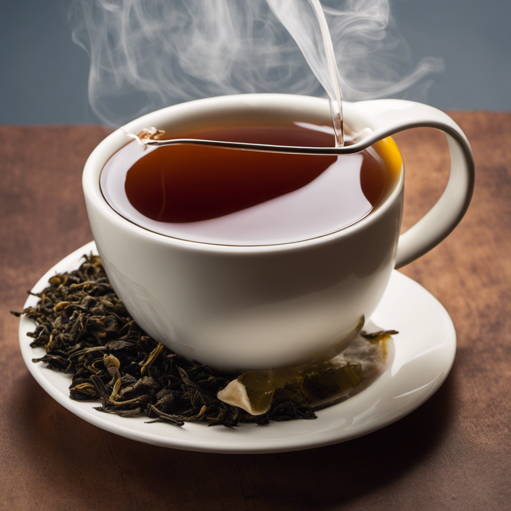 An image showcasing a steaming cup of oolong tea with a tea bag beside it, partially submerged in water