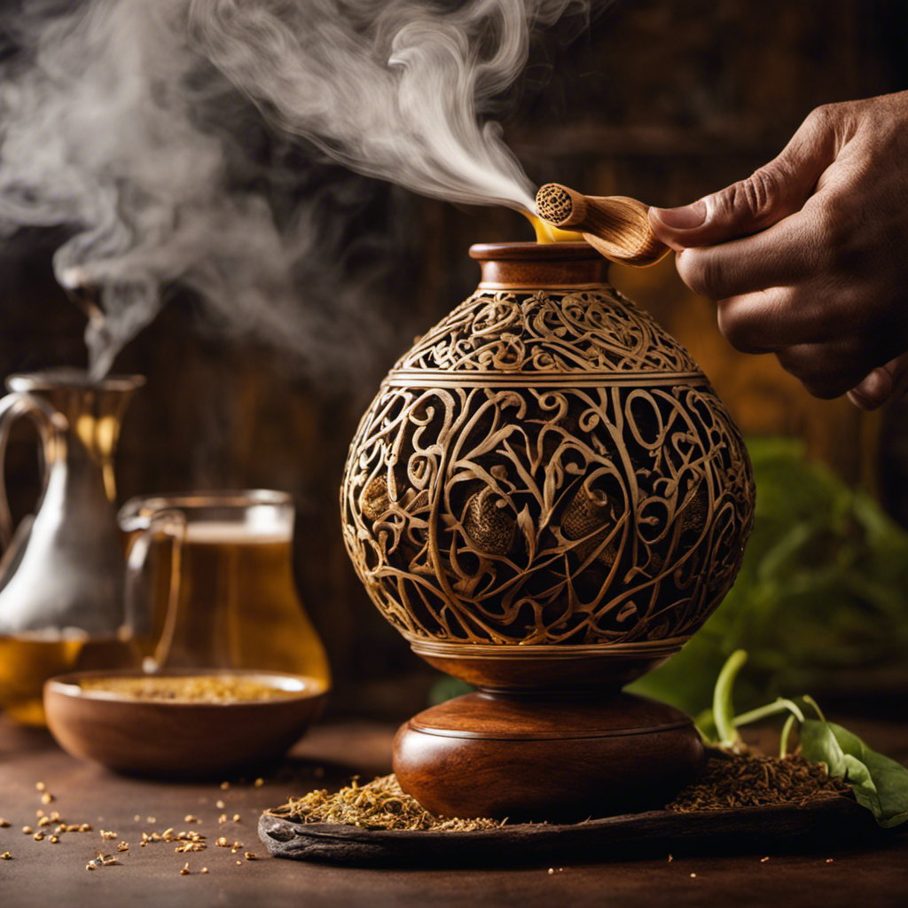 Close-up image of a hand holding an intricately designed gourd filled with freshly brewed yerba mate, with wisps of steam rising from the aromatic infusion, capturing the essence of the ritualistic brewing process