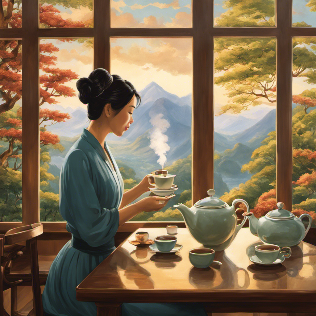 An image showcasing a serene moment in a cozy tea room, with a person holding a steaming cup of fragrant Oolong tea, highlighting the process of savoring multiple cups throughout the day