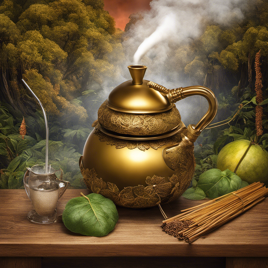 An image capturing the process of infusing yerba mate: a traditional gourd filled with loose leaves, hot water being poured, a metal straw immersed, and the comforting steam gently rising