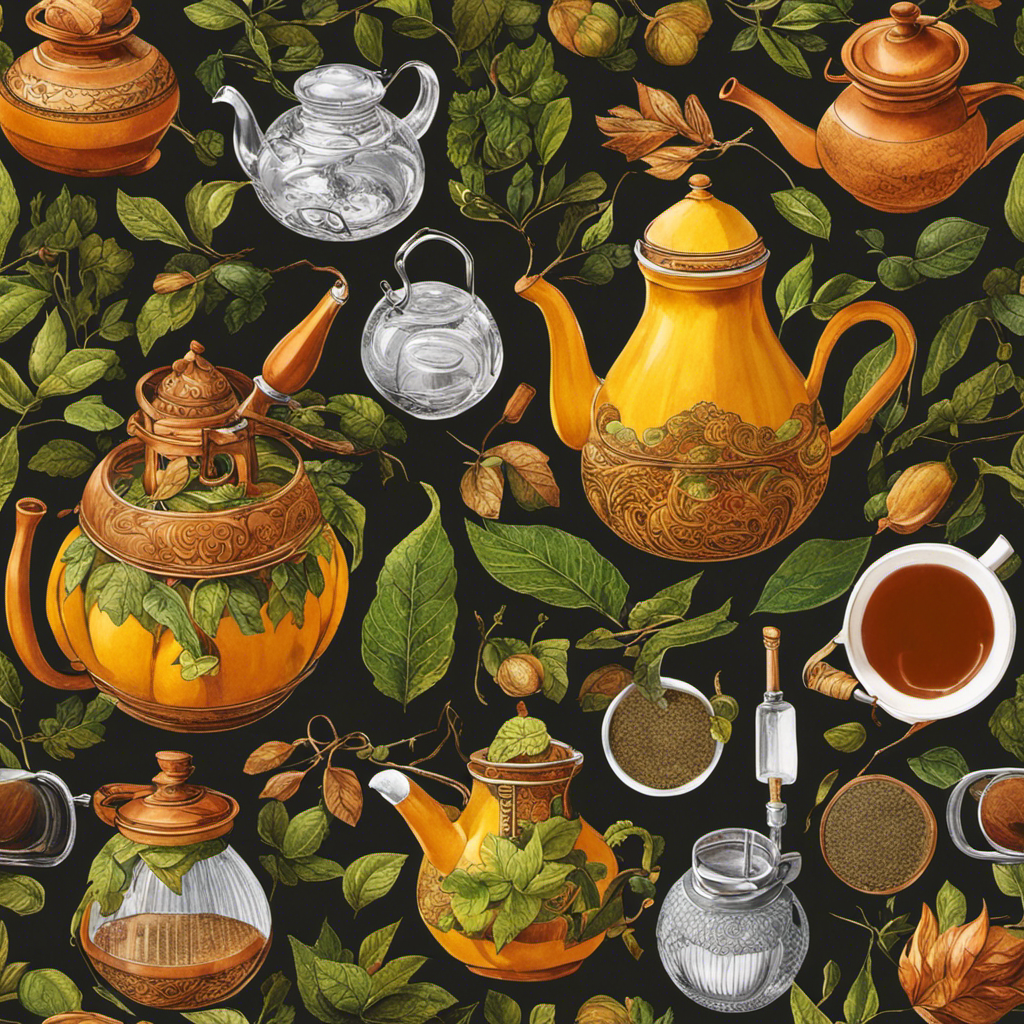 An image showcasing a variety of vibrant yerba mate brewing methods: a traditional gourd filled with loose leaves, a modern electric mate maker, a French press, a tea infuser, and a delicate glass teapot