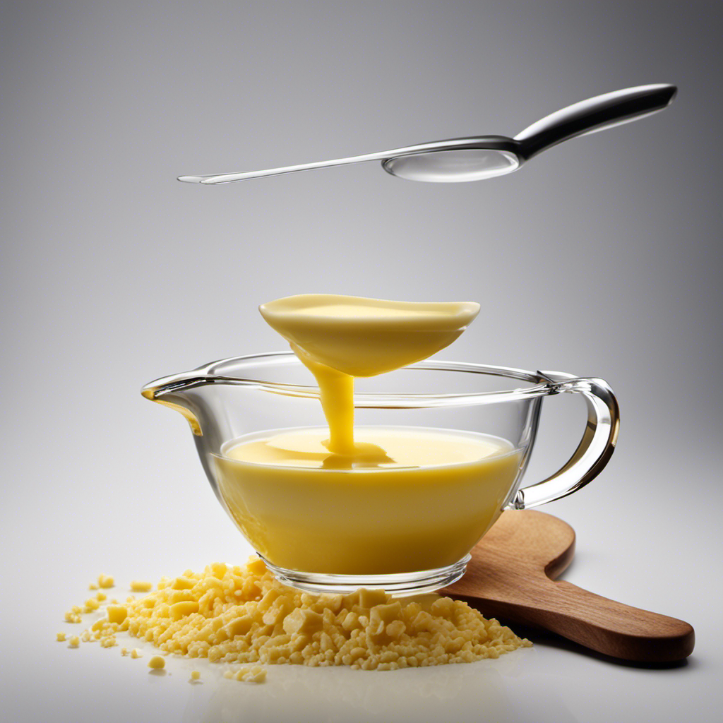 An image showcasing a measuring cup filled with precisely 1/2 cup of butter, alongside a teaspoon containing 6 teaspoons of butter