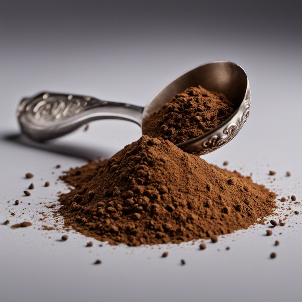 An image showcasing a measuring spoon filled with 1 oz of dried root powder, precisely leveled to the brim