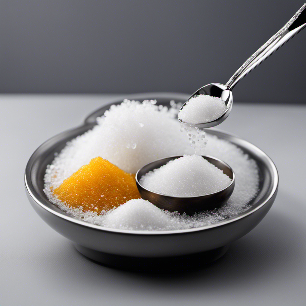 An image showcasing a delicate teaspoon balanced on a digital scale, perfectly aligned with a pile of sugar crystals