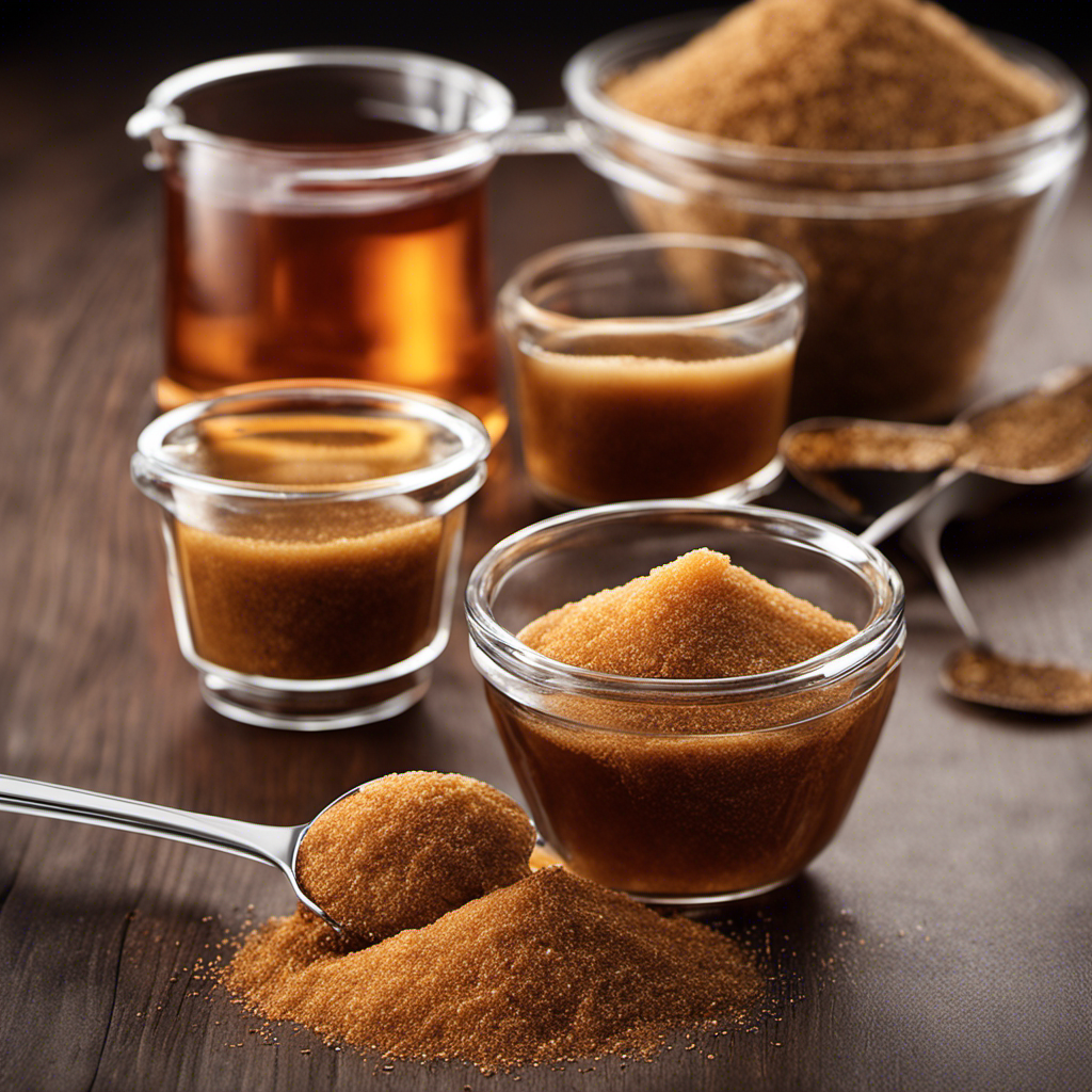 An image showcasing a glass measuring cup filled with 3 teaspoons of brown sugar, beside it, a separate glass measuring cup containing an equivalent amount of amber-hued agave nectar, highlighting the substitution process