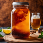An image showcasing a glass filled with effervescent, amber-colored Kombucha tea, delicately bubbling with carbonation