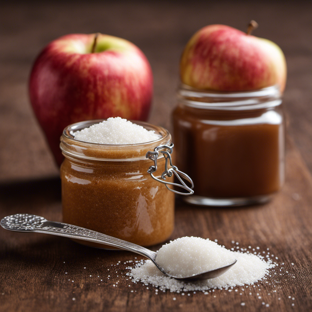 An image showcasing two identical teaspoons filled with apple sauce, placed next to a pile of sugar granules