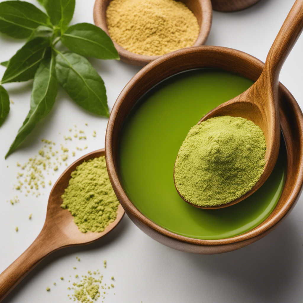 An image featuring a wooden spoon with delicate grains, gently pouring fine, golden Ashwagandha powder into a vibrant green teacup