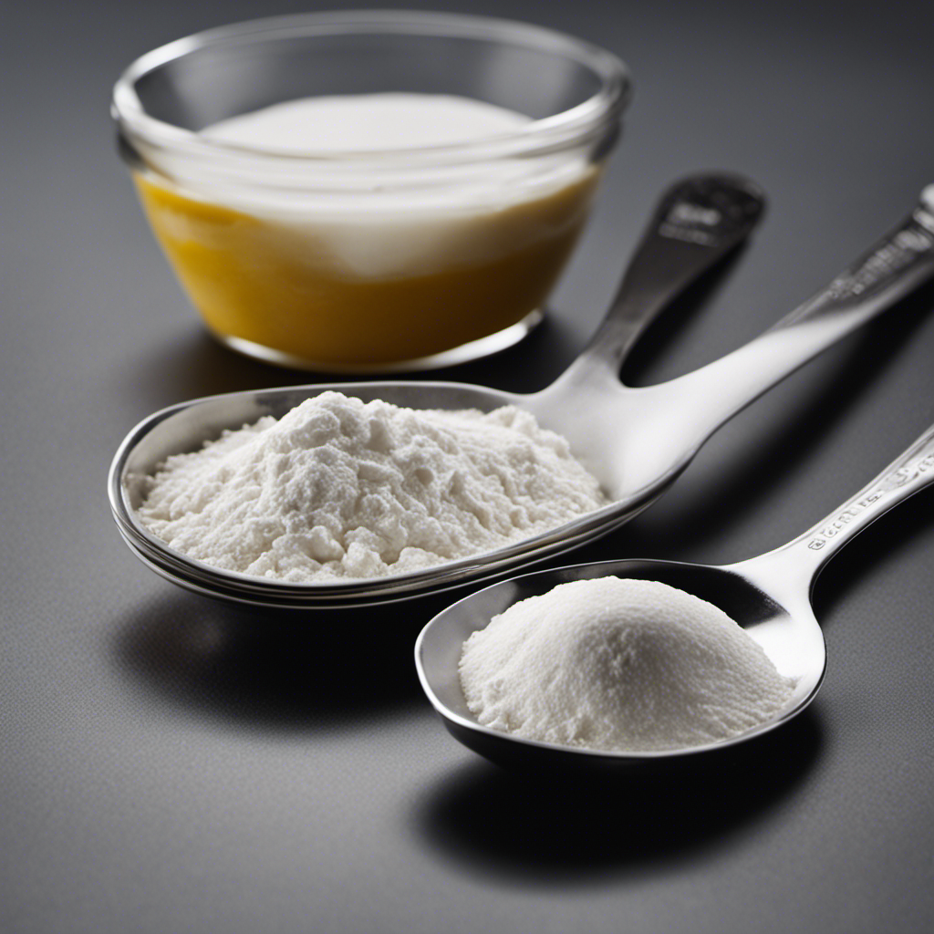 An image showcasing a measuring spoon filled with baking powder, positioned next to a separate measuring spoon filled with cream of tartar