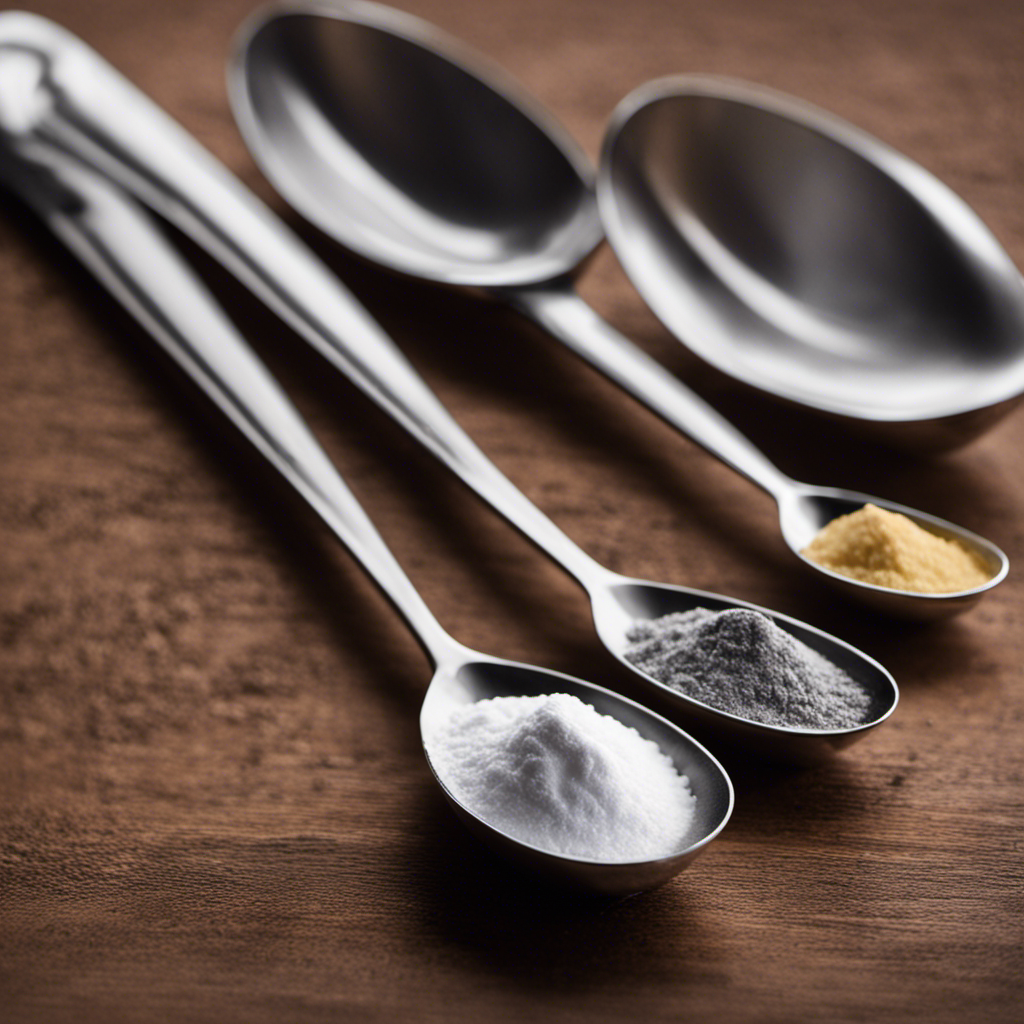 An image illustrating two identical measuring spoons filled with baking powder and baking soda respectively, with the baking powder spoon being twice the size of the baking soda spoon