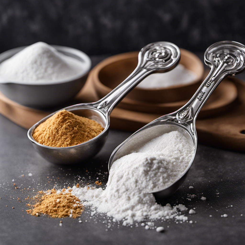 An image showcasing two measuring spoons side by side, one filled with baking soda up to the rim, the other with baking powder exactly at the 2-teaspoon mark