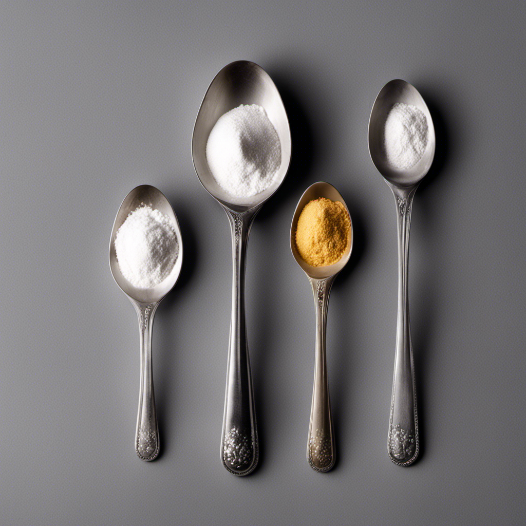 An image showcasing a measuring spoon filled with 4 teaspoons of baking powder, alongside a separate measuring spoon filled with a precise amount of baking soda that visually represents the equivalent measurement
