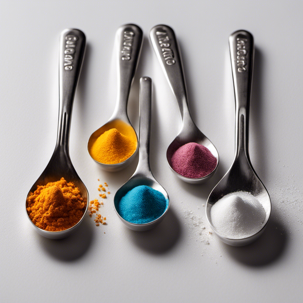An image showcasing four identical measuring spoons, each filled with various amounts of baking soda